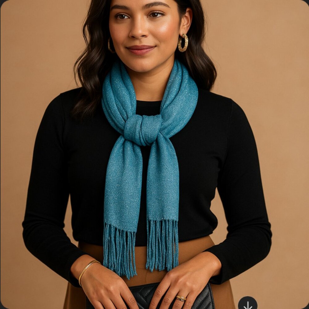 Kimberly C. Metallic Blue Fringe Scarf – Statement Evening Wrap